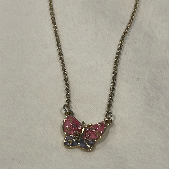 Not Marked Jewelry - Gold tone pink purple clear cut crystal butterfly pendant necklace with bird ext